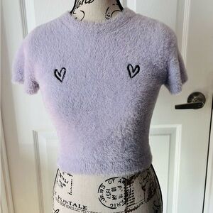 Forever 21 Lavender Fuzzy Crop Top with Heart Embroidery